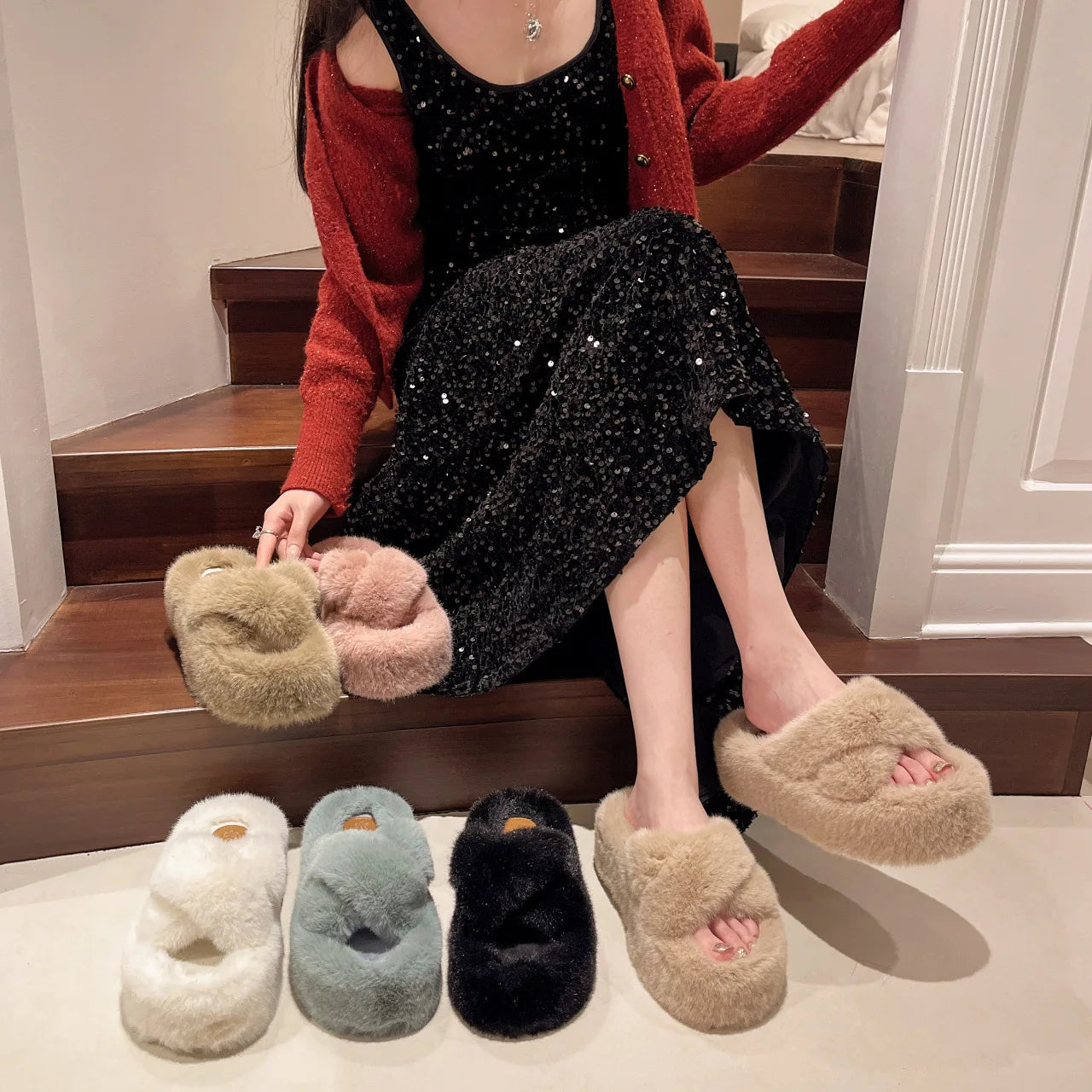 Greatslides Black Sandals for Women and Ladies,Plush House Slipper Designer Sandals Women,Custom Luxury Slippers