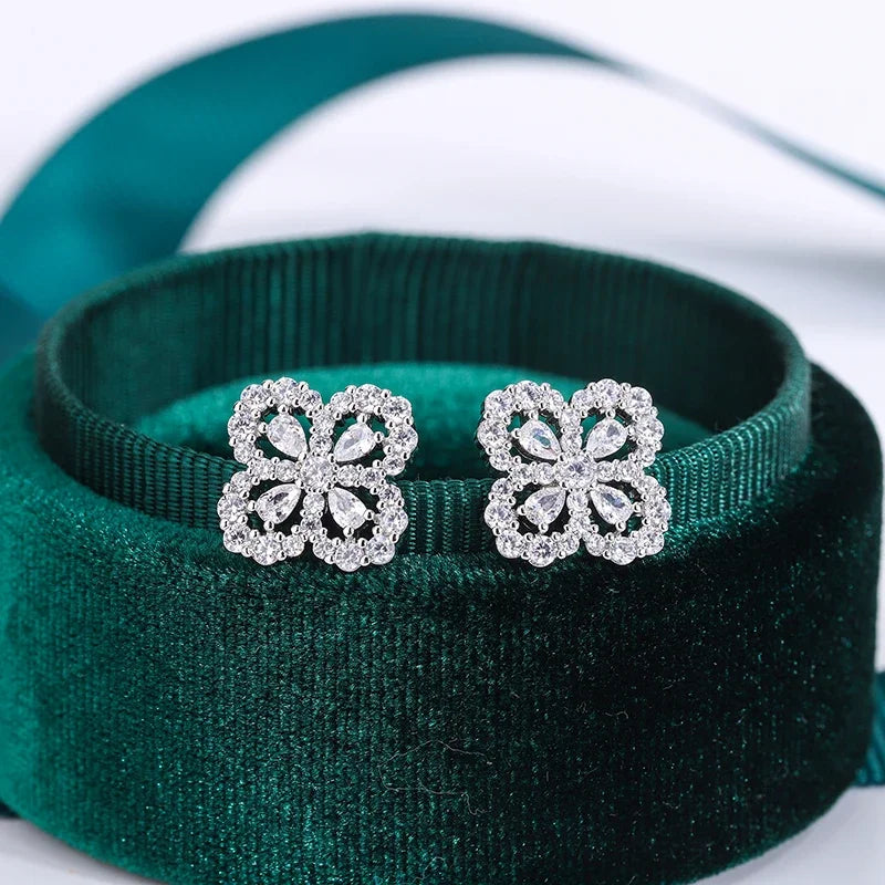 Classic Luxury Four-leaf Clover Stud Earrings Flower Design and Oval Zircon S925 Earrings for Women's Wedding Jewelry