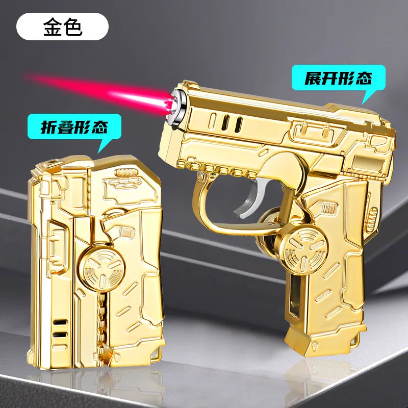 New Transformable Butane Lighter, Windproof Red Flame with RGB Lighting & Pistol/Gyro Design, Stress Relief Foldable Torch