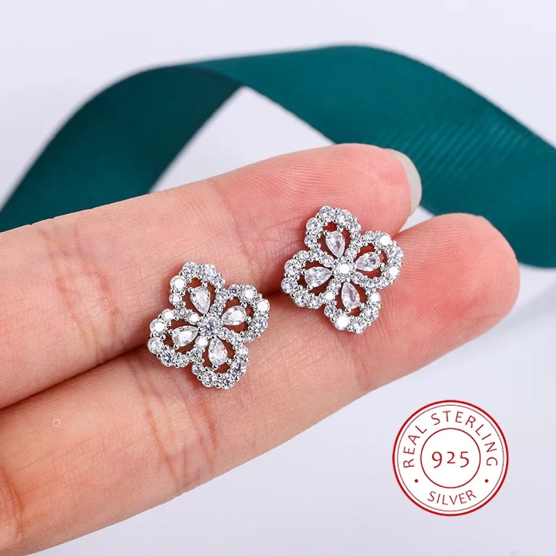 Classic Luxury Four-leaf Clover Stud Earrings Flower Design and Oval Zircon S925 Earrings for Women's Wedding Jewelry