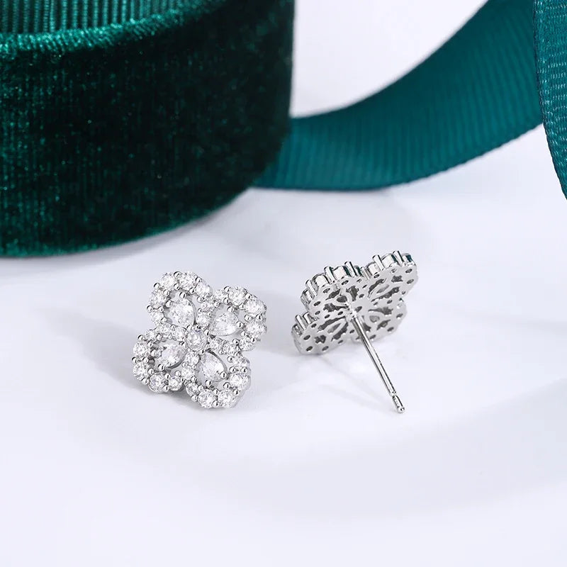 Classic Luxury Four-leaf Clover Stud Earrings Flower Design and Oval Zircon S925 Earrings for Women's Wedding Jewelry
