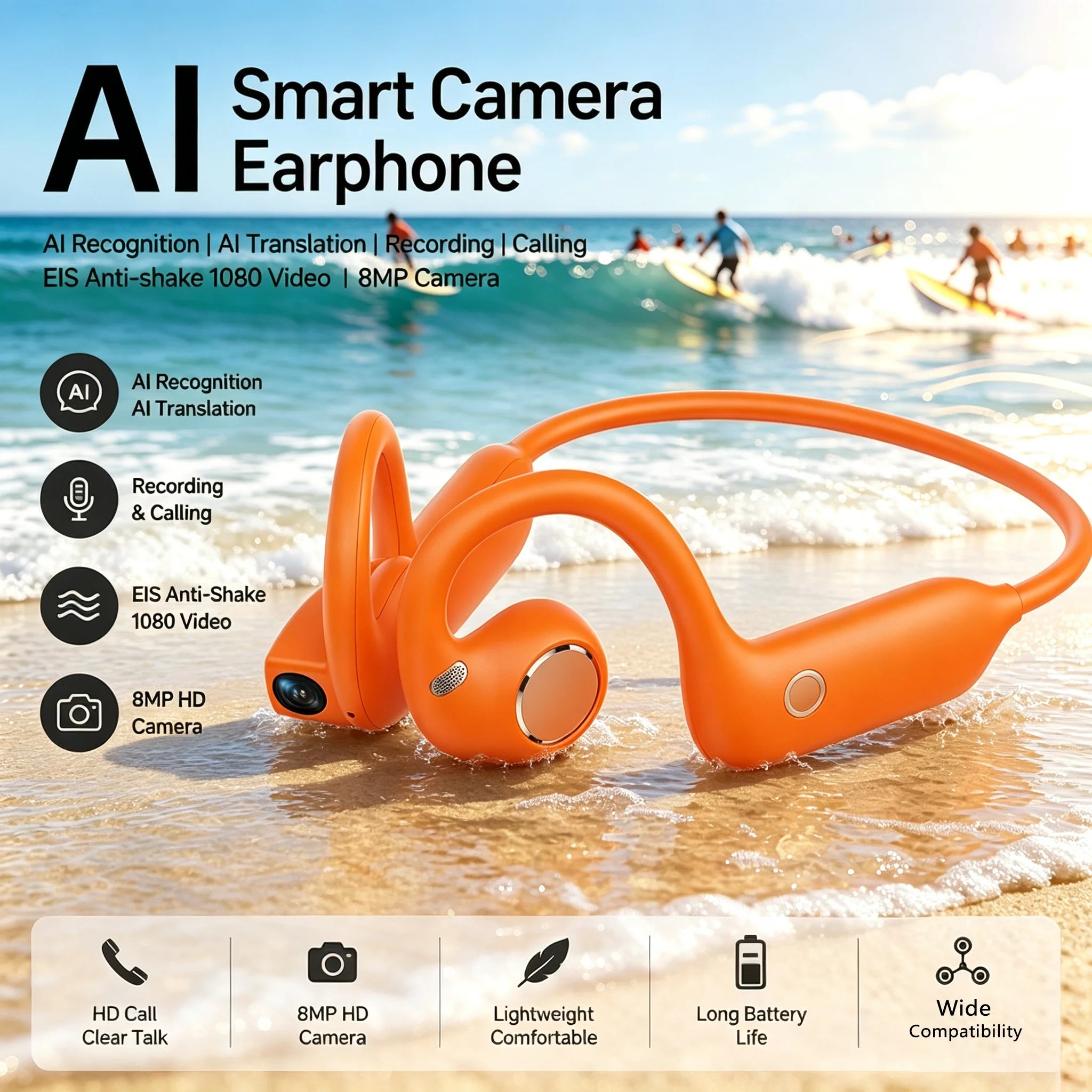 AI Smart Shooting Open Ear Headphones 8MP Camera EIS Anti‑shake Video Recording AI Translation Open‑ear Wireless Bluetooth Sport