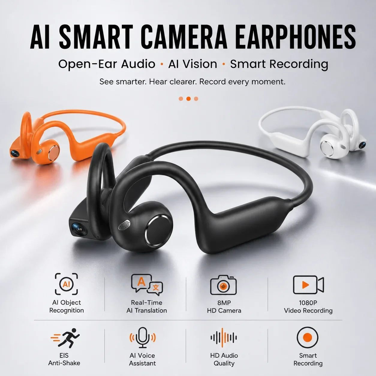 AI Smart Shooting Open Ear Headphones 8MP Camera EIS Anti‑shake Video Recording AI Translation Open‑ear Wireless Bluetooth Sport