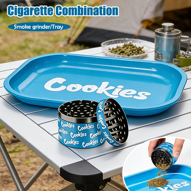 1/2 Pieces Blue Metal Rolling Tray and Herb Grinder Smoking Combo Metal Rolling Tray Tobacco Ashtray Cigarette Smoking Kit