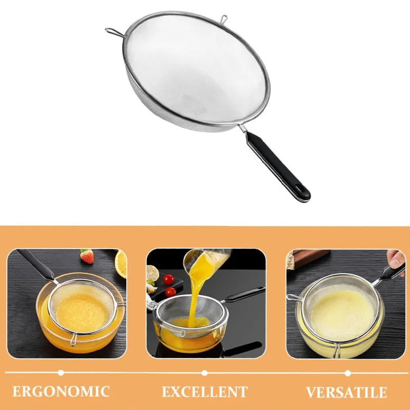 Ergonomic Kitchen Strainer for Christmas Recipes - 12 Inch with Non-Slip Handle & Hook,Sturdy Fine Mesh for Draining and Rinsing
