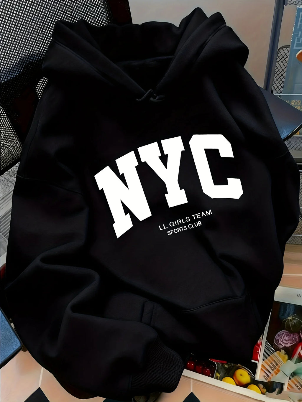Women's autumn and winter warm and loose casual New York USA letter printed suede long sleeved hooded sweatshirt