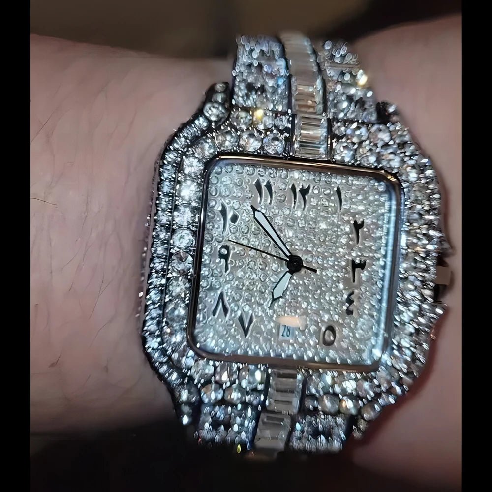 MISSFOX Luxury Quartz Watch For Men Automatic Date Hip Hop Full Iced Diamond Clock Fashion Waterproof Square WristWatch 2023 New