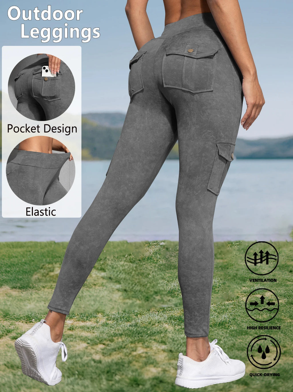 Women High Waist Yoga Gym Cargo Pocket Pant Fashion Tummy Control Athletic Pants Skinny Stretch Streetwear Sport Leggings