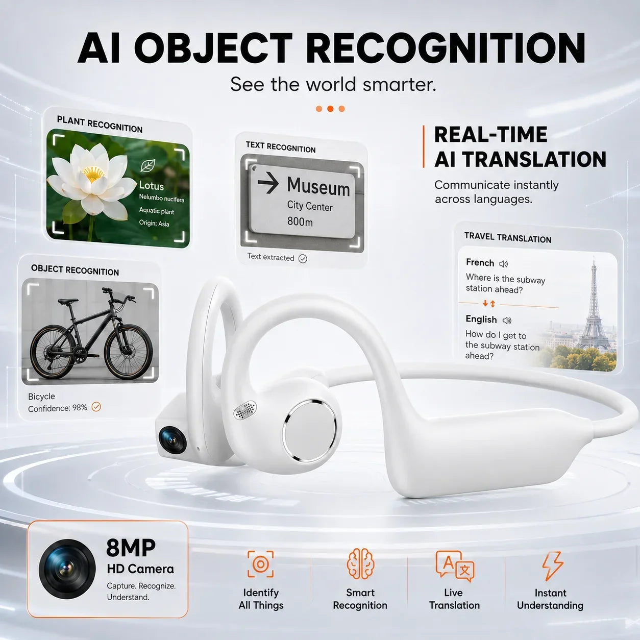 AI Smart Shooting Open Ear Headphones 8MP Camera EIS Anti‑shake Video Recording AI Translation Open‑ear Wireless Bluetooth Sport
