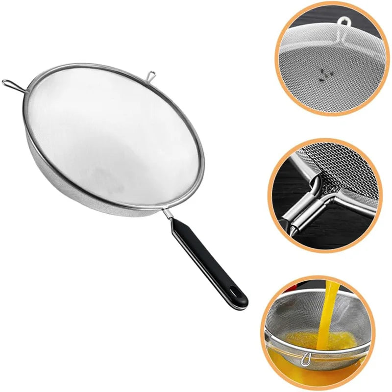 Ergonomic Kitchen Strainer for Christmas Recipes - 12 Inch with Non-Slip Handle & Hook,Sturdy Fine Mesh for Draining and Rinsing