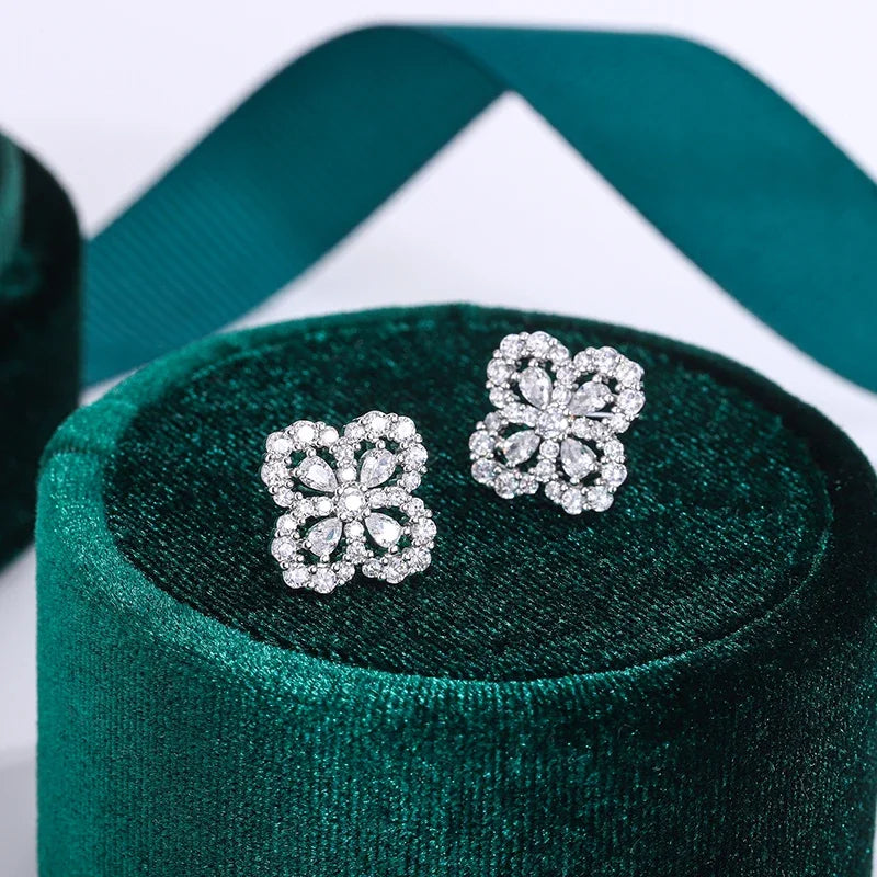Classic Luxury Four-leaf Clover Stud Earrings Flower Design and Oval Zircon S925 Earrings for Women's Wedding Jewelry