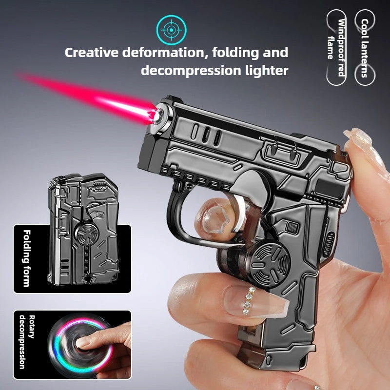 New Transformable Butane Lighter, Windproof Red Flame with RGB Lighting & Pistol/Gyro Design, Stress Relief Foldable Torch