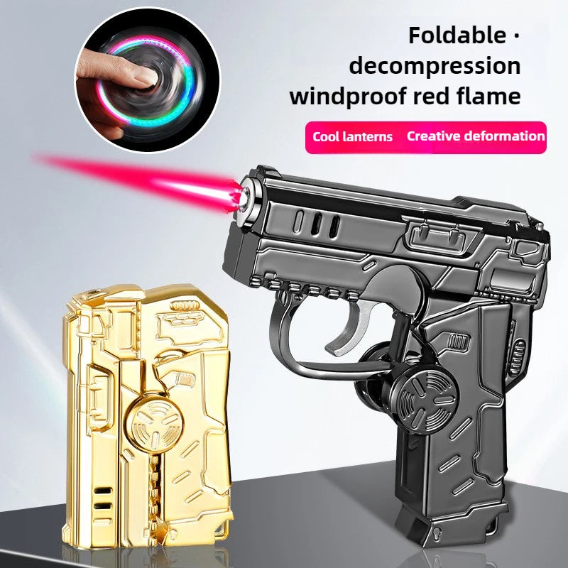 New Transformable Butane Lighter, Windproof Red Flame with RGB Lighting & Pistol/Gyro Design, Stress Relief Foldable Torch