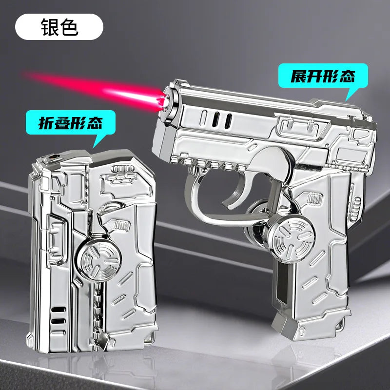 New Transformable Butane Lighter, Windproof Red Flame with RGB Lighting & Pistol/Gyro Design, Stress Relief Foldable Torch