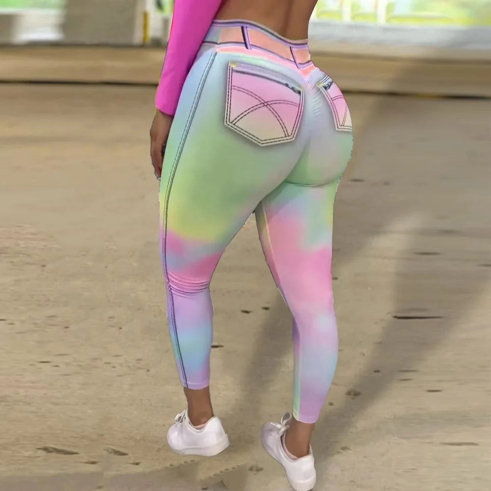 European and American Best-Selling Tie-Dye Colorful Women's Denim-Style Underwear, Plus-Size Sexy Sport Yoga Pants