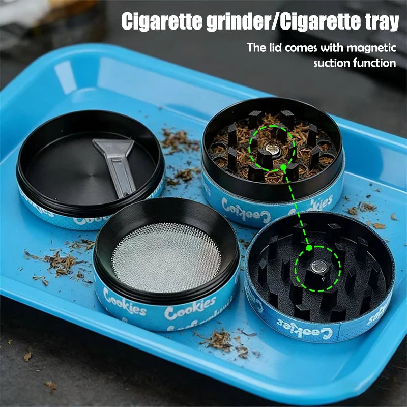 1/2 Pieces Blue Metal Rolling Tray and Herb Grinder Smoking Combo Metal Rolling Tray Tobacco Ashtray Cigarette Smoking Kit