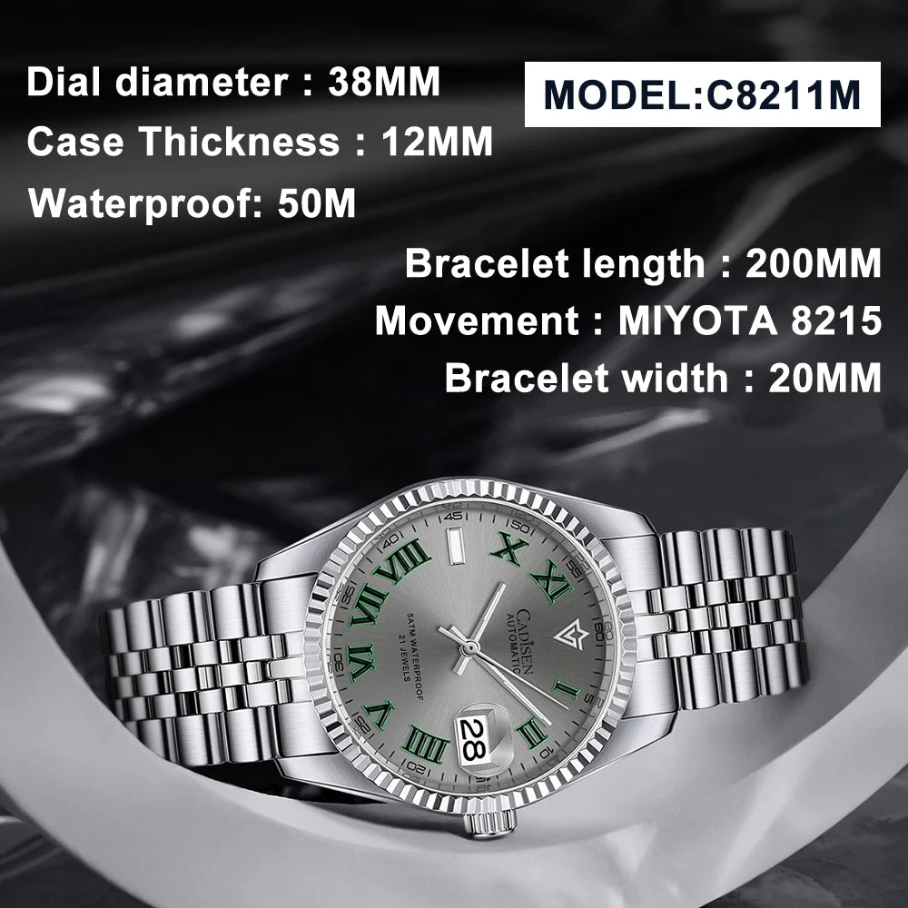 CADISEN 38mm Men's Automatic Watch with Sapphire Glass and Miyota 8215 Movement