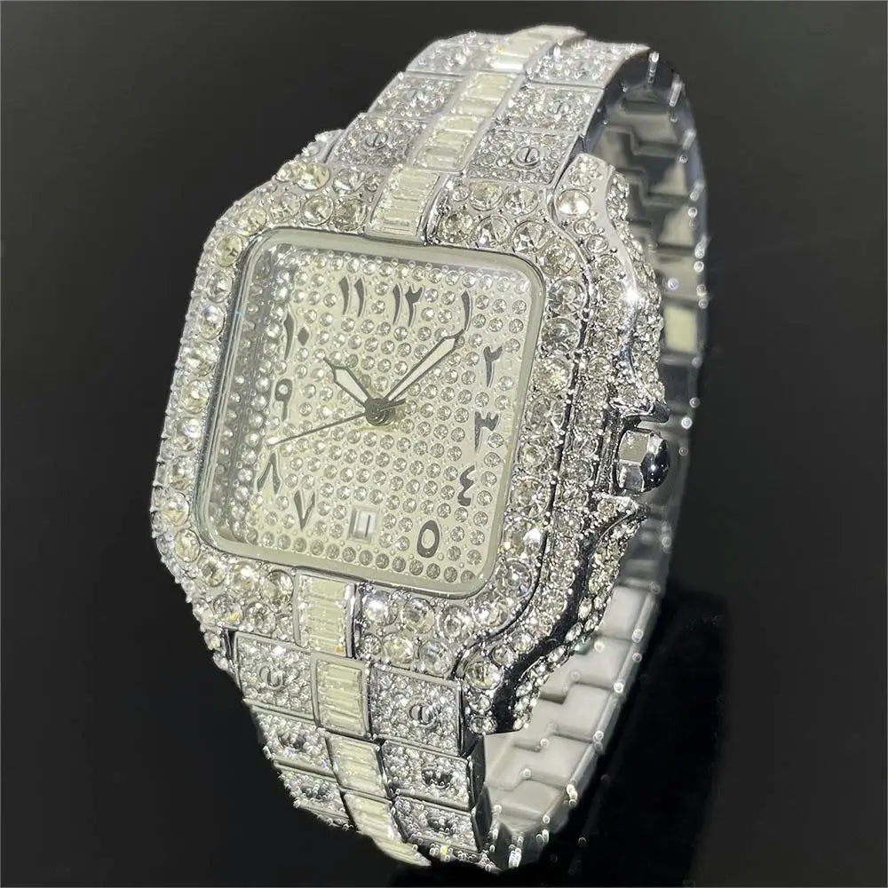 MISSFOX Luxury Quartz Watch For Men Automatic Date Hip Hop Full Iced Diamond Clock Fashion Waterproof Square WristWatch 2023 New