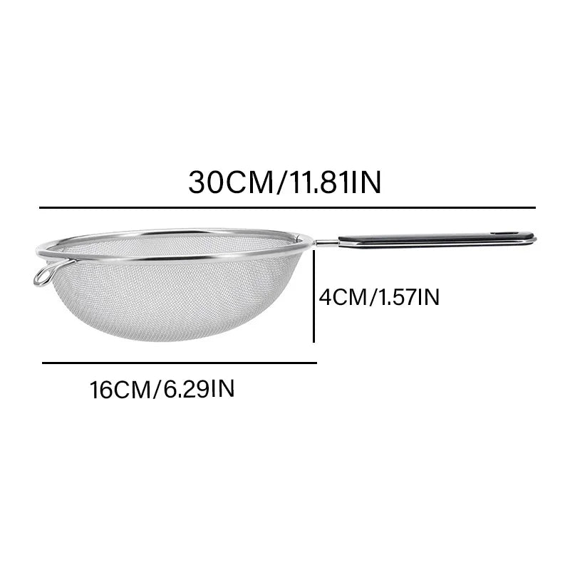 Ergonomic Kitchen Strainer for Christmas Recipes - 12 Inch with Non-Slip Handle & Hook,Sturdy Fine Mesh for Draining and Rinsing