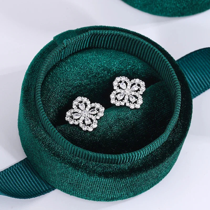 Classic Luxury Four-leaf Clover Stud Earrings Flower Design and Oval Zircon S925 Earrings for Women's Wedding Jewelry