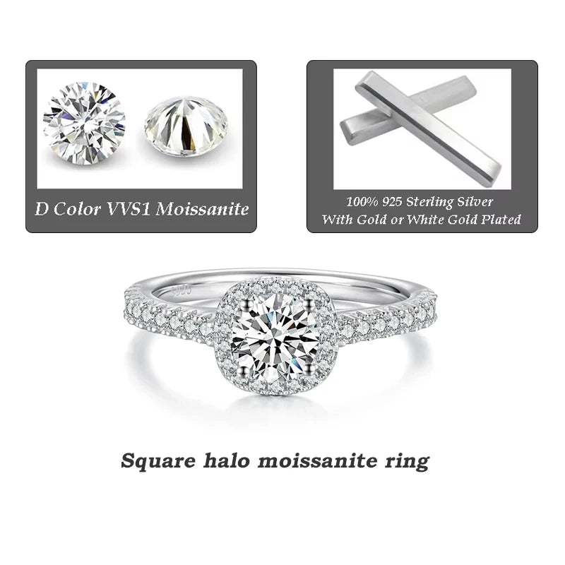 BAMOER Solitaire Moissanite Engagement Rings for Women, 925 Sterling Silver Halo Gold Plated Ring for Promise Half Enternity