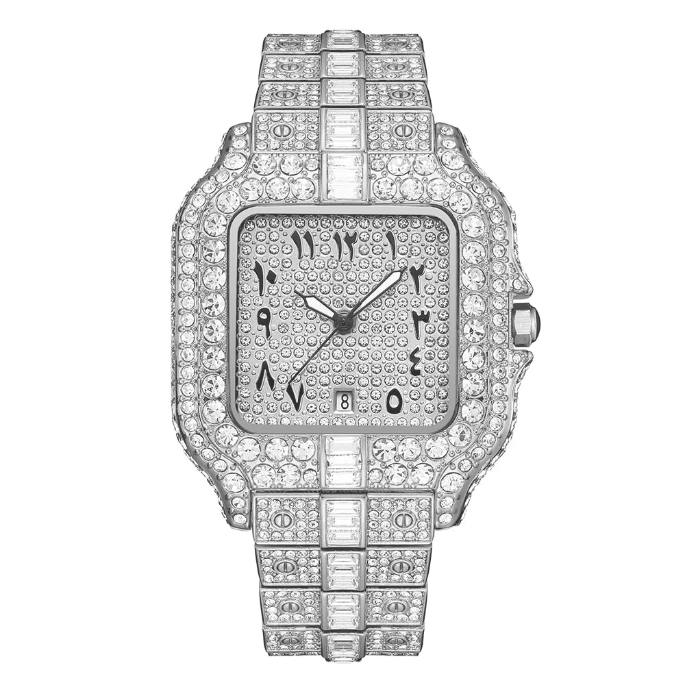 MISSFOX Luxury Quartz Watch For Men Automatic Date Hip Hop Full Iced Diamond Clock Fashion Waterproof Square WristWatch 2023 New