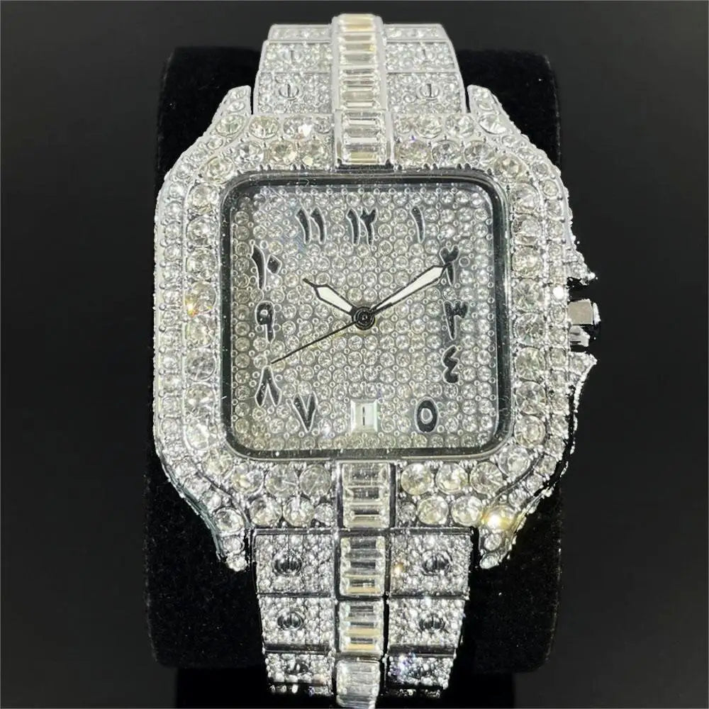 MISSFOX Luxury Quartz Watch For Men Automatic Date Hip Hop Full Iced Diamond Clock Fashion Waterproof Square WristWatch 2023 New