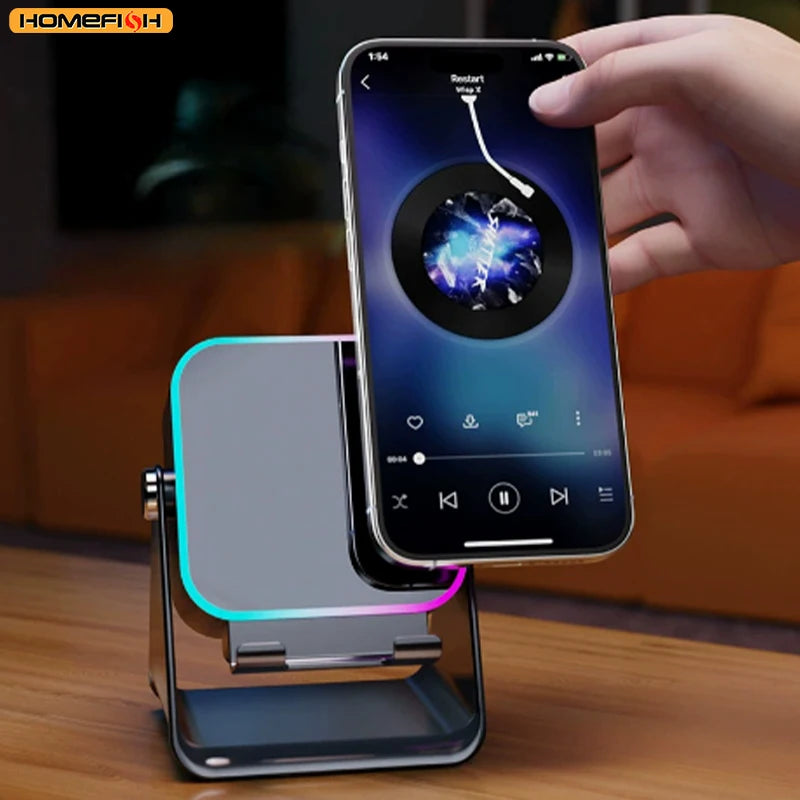 NEW 5 In 1 Auto-induction Wireless Induction Speaker 8 Mode RGB Light Phone Stand Surround Sound Portable Bluetooth Phone Holder